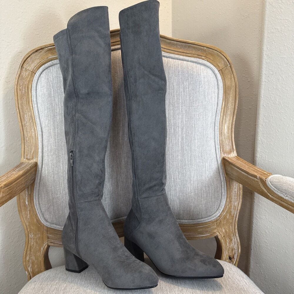 Grey faux Suede Over the Knee Boots Block Heel OTK Charcoal Long Tall Boots  9